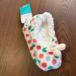 Sherpa Lined Cozies Polka Dot Slipper Socks Pom Pom Detail White Pink Teal S/M